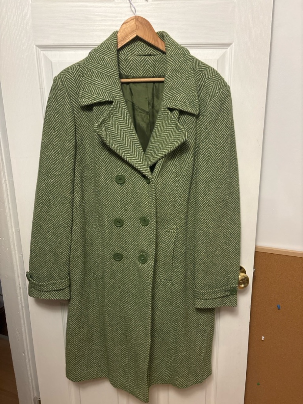 Wool-blend Green Herringbone Double-Breasted Women's Coat